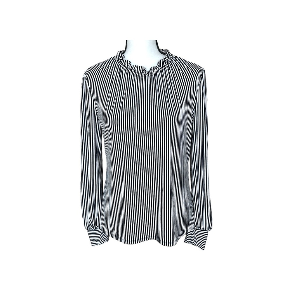ADRIANNA PAPELL Women Stretch Comfy Blouse Classy Black‎ White Stripe Ruffle M